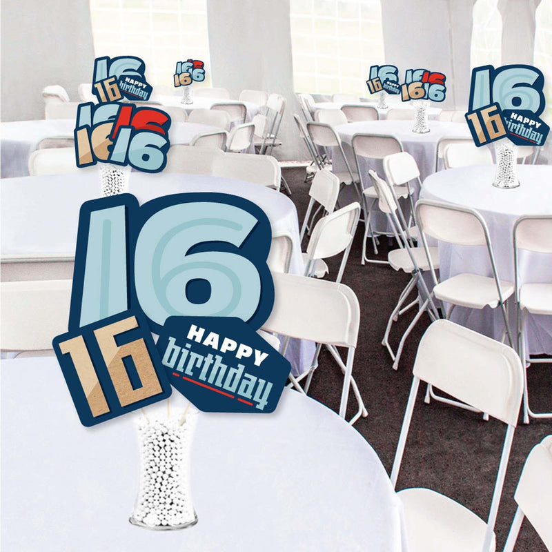 Boy 16th Birthday - Sweet Sixteen Birthday Party Centerpiece Sticks - Showstopper Table Toppers - 35 Pieces