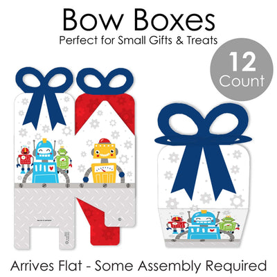 Gear Up Robots - Square Favor Gift Boxes -Birthday Party or Baby Shower Bow Boxes - Set of 12
