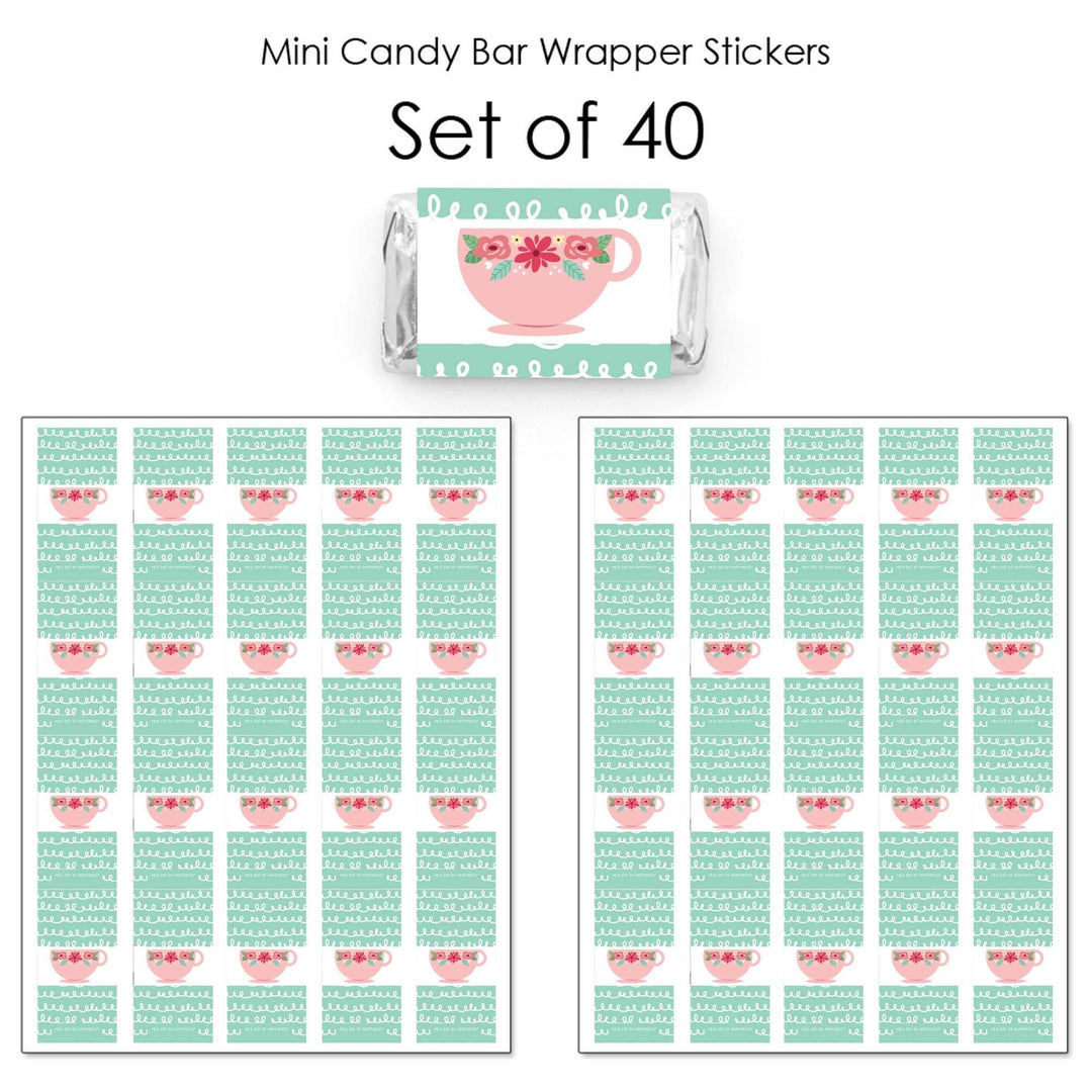Floral Let's Par-Tea - Mini Candy Bar Wrapper Stickers - Garden Tea Party Small Favors - 40 Count