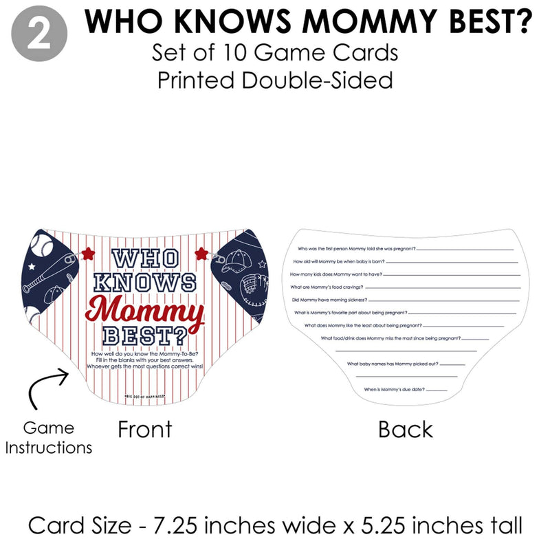 Batter Up - Baseball - 4 Baby Shower Games - 10 Cards Each - Who Knows Mommy Best, Mommy or Daddy Quiz, What&
