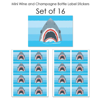 Shark Zone - Mini Wine and Champagne Bottle Label Stickers - Jawsome Shark Party or Birthday Party Favor Gift for Women and Men - Set of 16