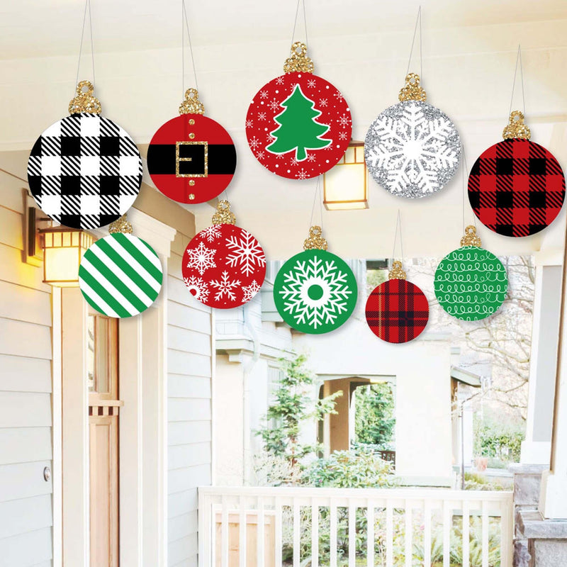 Hanging Black, Red and Green Ornaments - Outdoor Holiday and Christmas Hanging Porch and Tree Yard Decorations - 10 Pieces