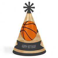 A cone-shaped birthday party hat with a basketball design and 'Happy Birthday' text on it.