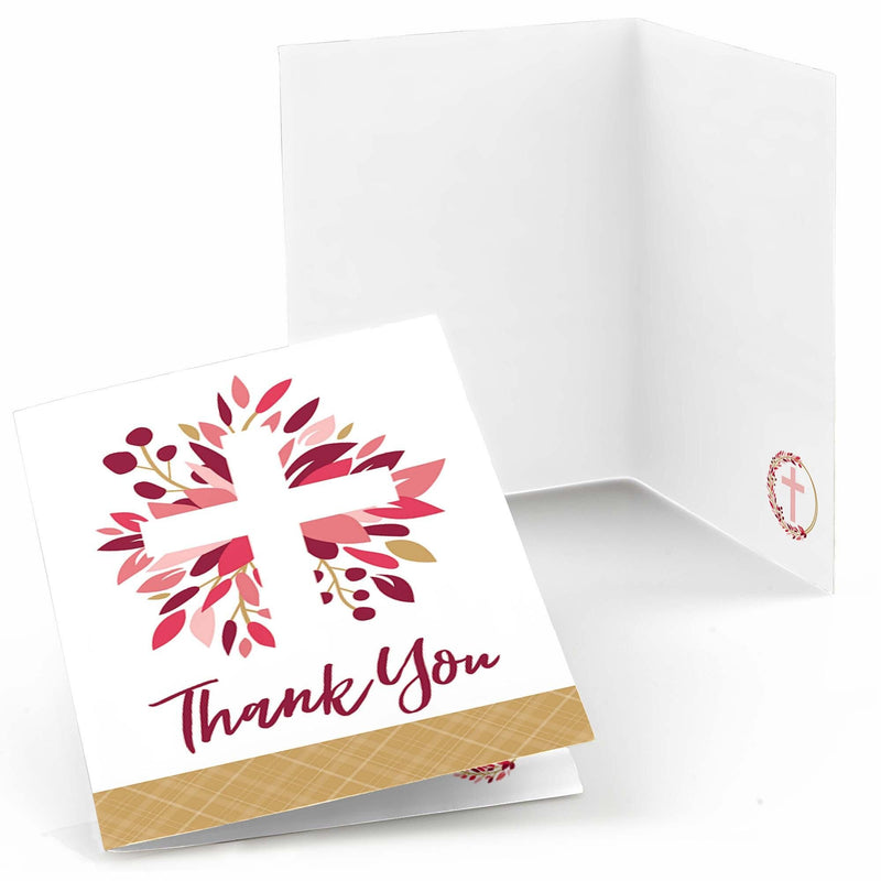 Pink Elegant Cross - Girl Religious Party Thank You Cards - 8 ct