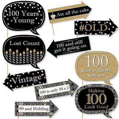 Funny Adult 100th Birthday - Gold - 10 Piece Birthday Party Photo Booth Props Kit