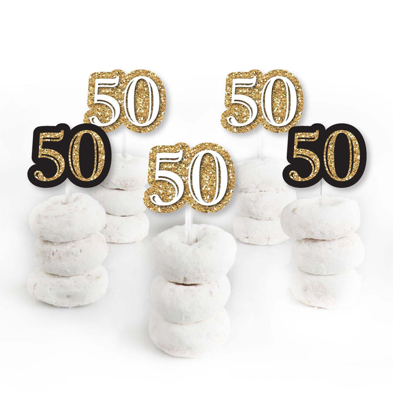 Adult 50th Birthday - Gold - Dessert Cupcake Toppers - Birthday Party Clear Treat Picks - Set of 24