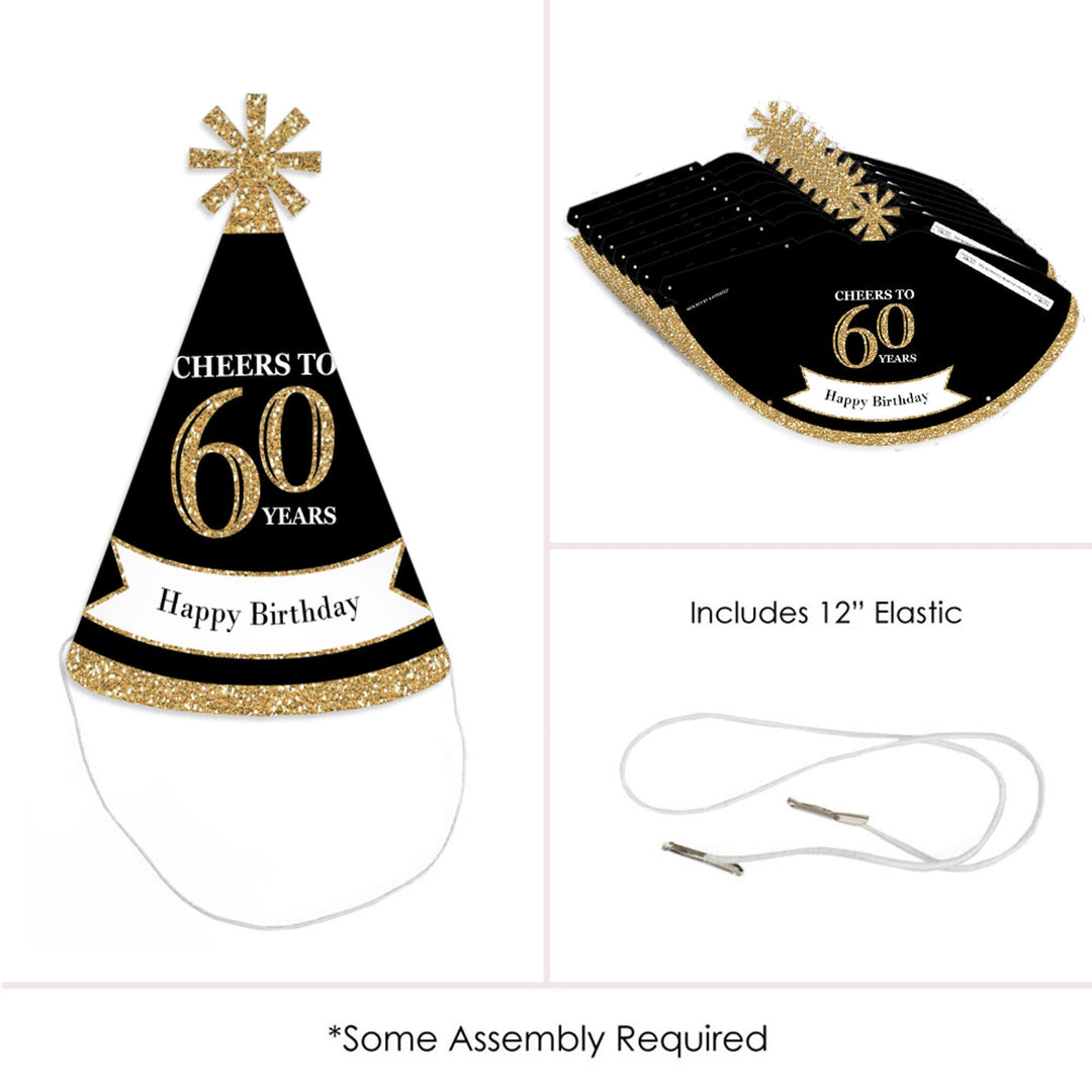 Adult 60th Birthday - Gold - Cone Birthday Party Hats for Adults - Set of 8 (Standard Size)