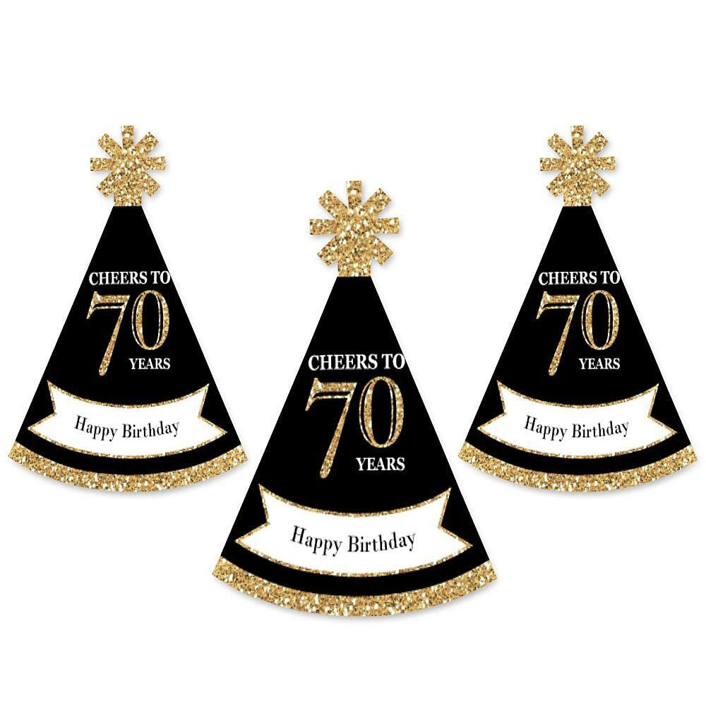 Adult 70th Birthday - Gold - Mini Cone Birthday Party Hats - Small Little Party Hats - Set of 8