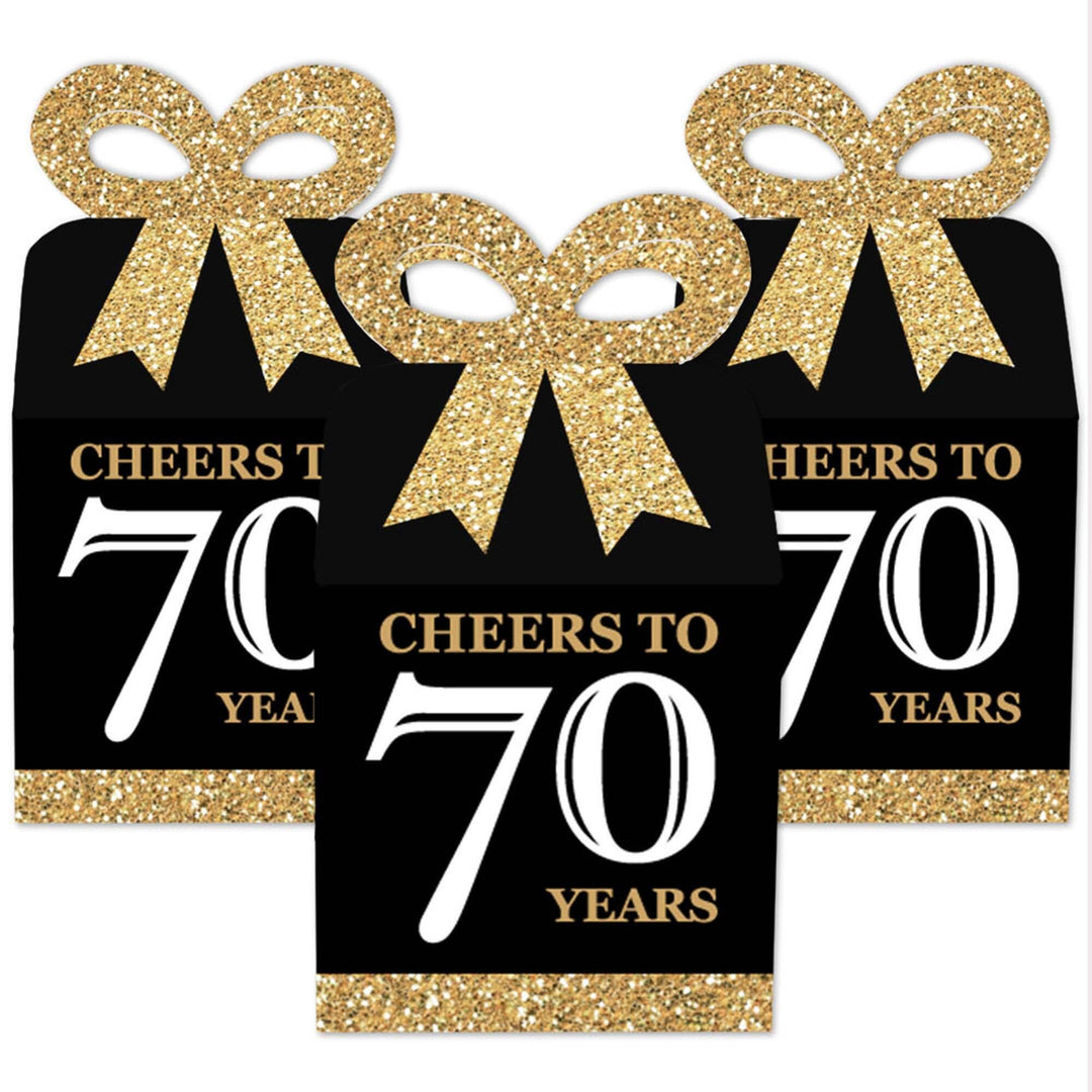 Adult 70th Birthday - Gold - Square Favor Gift Boxes - Birthday Party Bow Boxes - Set of 12