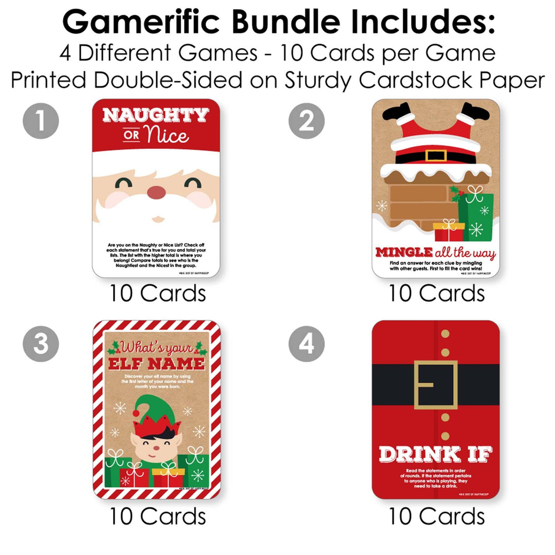 Jolly Santa Claus - 4 Christmas Party Games - 10 Cards Each - Naughty or Nice, Drink If, Mingle All the Way, What's Your Elf Name - Gamerific Bundle