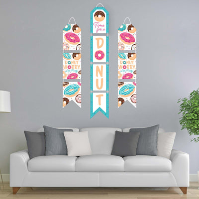 Donut Worry, Let's Party - Hanging Vertical Paper Door Banners - Doughnut Party Wall Decoration Kit - Indoor Door Decor