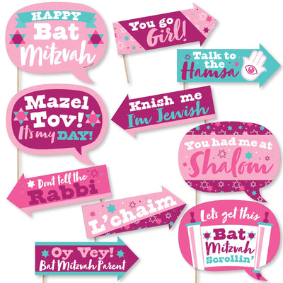 Funny Pink Bat Mitzvah - Girl Party Photo Booth Props Kit - 10 Piece