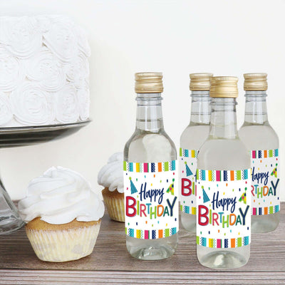 Cheerful Happy Birthday - Mini Wine and Champagne Bottle Label Stickers - Colorful Birthday Party Favor Gift - For Women and Men - Set of 16