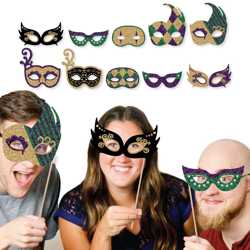 Mardi Gras Masks - 10 Piece Paper Card Stock Mardi Gras Glasses and Masks Photo Booth Props Kit
