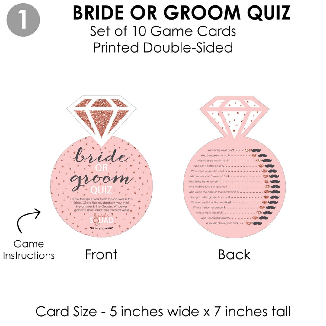 Bride Squad - 4 Rose Gold Bridal Shower or Bachelorette Party Games - 10 Cards Each - Who Knows The Bride Best, Bride or Groom Quiz, What's in Your Purse and Love - Gamerific Bundle