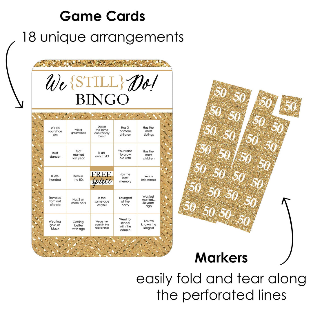 We Still Do - 50th Wedding Anniversary - Find the Guest Bingo Cards and Markers - Anniversary Party Bingo Game - Set of 18