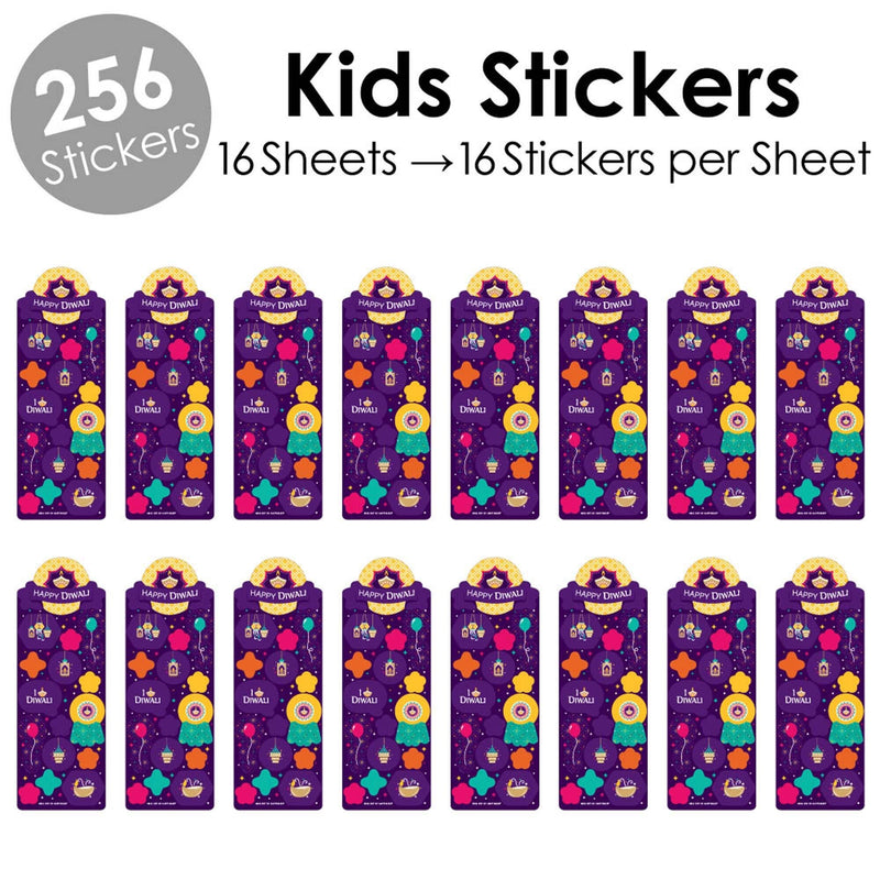 Happy Diwali - Festival of Lights Party Favor Kids Stickers - 16 Sheets - 256 Stickers