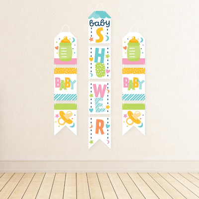 Colorful Baby Shower - Hanging Vertical Paper Door Banners - Gender Neutral Party Wall Decoration Kit - Indoor Door Decor