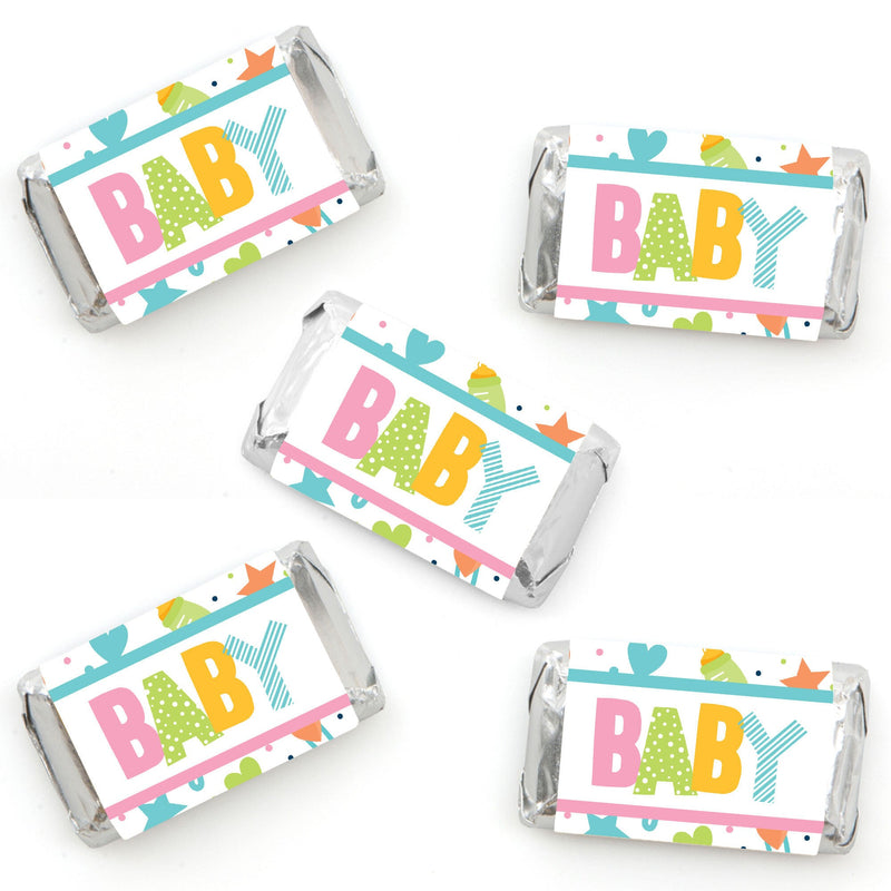 Colorful Baby Shower - Mini Candy Bar Wrapper Stickers - Gender Neutral Party Small Favors - 40 Count