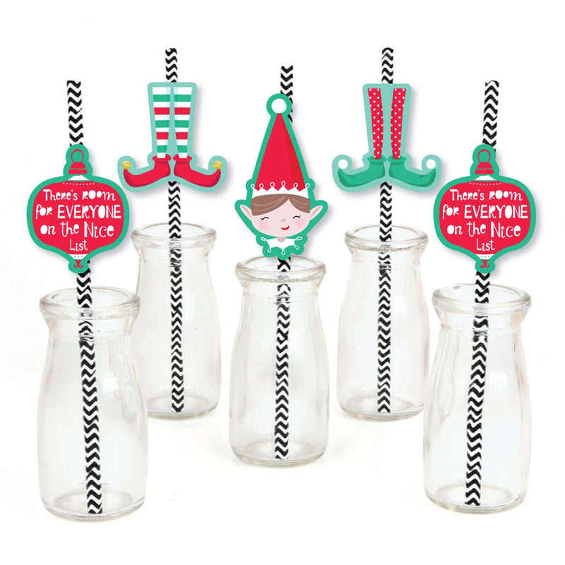 Elf Squad - Kids Elf Christmas and Birthday Party Paper Straw Decor - Party Striped Decorative Straws - Set of 24