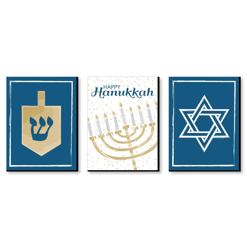 Happy Hanukkah - Chanukah Wall Art and Holiday Home Decorations - 7.5 x 10 inches - Set of 3 Prints