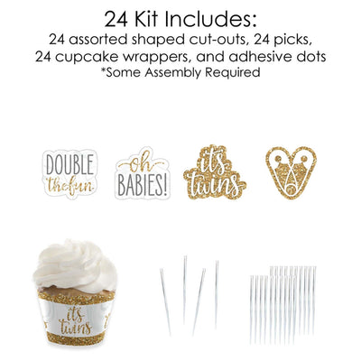 It's Twins - Cupcake Decoration - Gold Twins Baby Shower Cupcake Wrappers and Treat Picks Kit - Set of 24