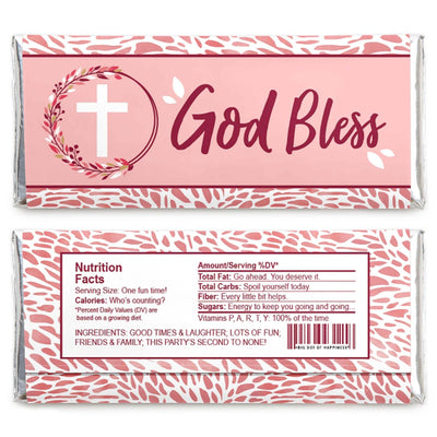 Pink Elegant Cross - Candy Bar Wrapper Girl Religious Party Favors - Set of 24