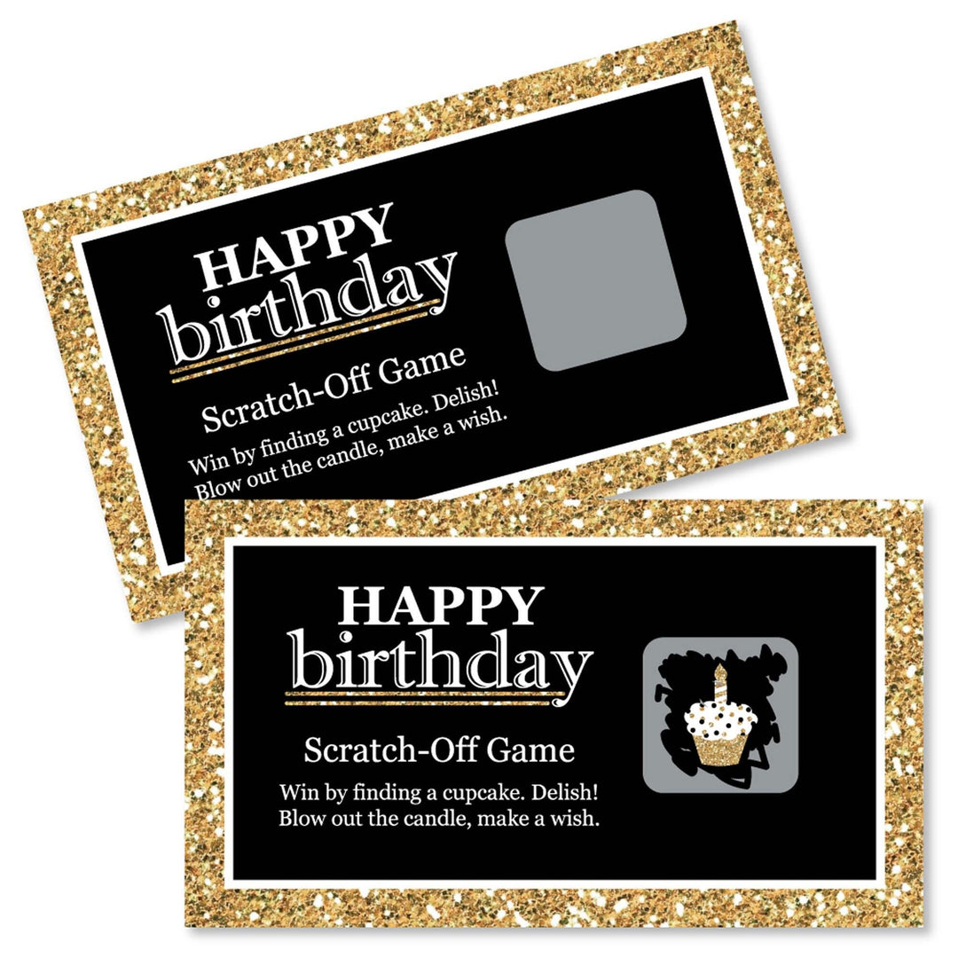 Two Adult Happy Birthday scratch-off game cards with gold glitter design on the border and a space to scratch off the card to reveal the game content.