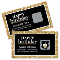 Two Adult Happy Birthday scratch-off game cards with gold glitter design on the border and a space to scratch off the card to reveal the game content.