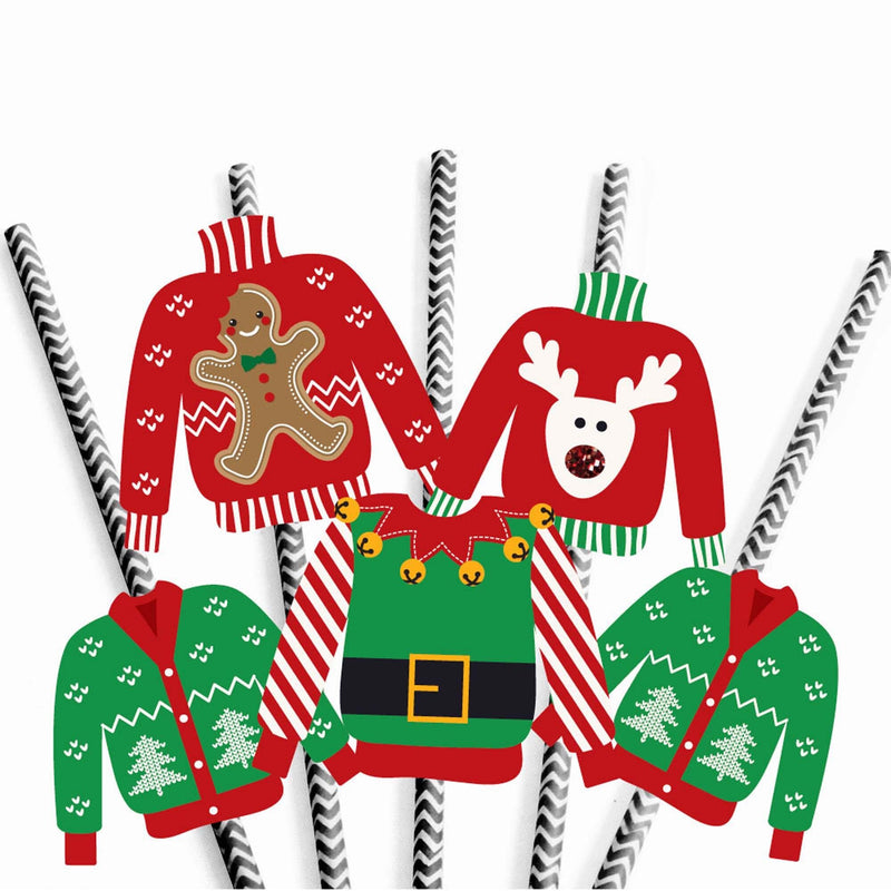 Ugly Sweater - Paper Straw Decor - Holiday & Christmas Party Striped Decorative Straws - Set of 24