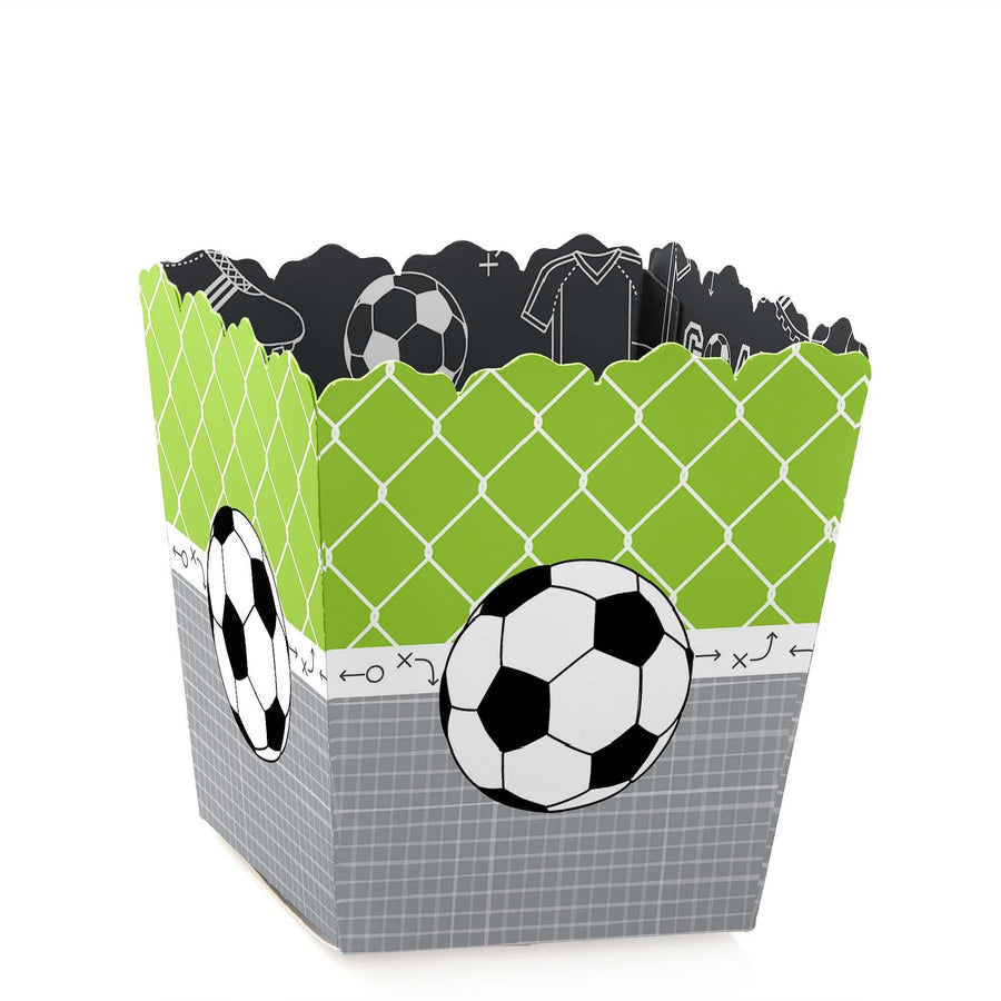 A set of soccer-themed mini favor boxes with a green and gray color scheme, featuring soccer balls and net patterns.