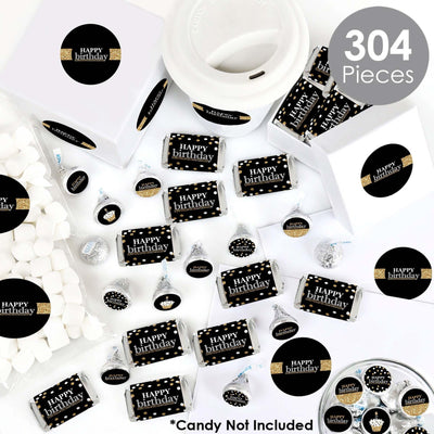 Adult Happy Birthday - Gold - Mini Candy Bar Wrappers, Round Candy Stickers and Circle Stickers - Birthday Party Candy Favor Sticker Kit - 304 Pieces
