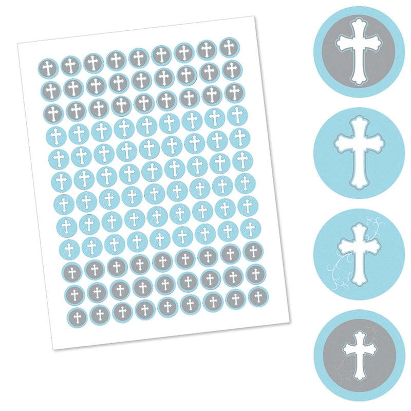 Little Miracle Boy Blue & Gray Cross - Round Candy Labels Party Favors - Fits Hershey&