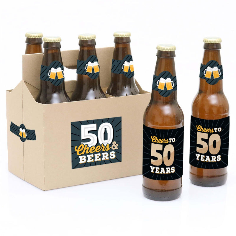 Cheers and Beers to 50 Years - 50th Birthday Decorations for Women and Men - 6 Beer Bottle Label Stickers and 1 Carrier