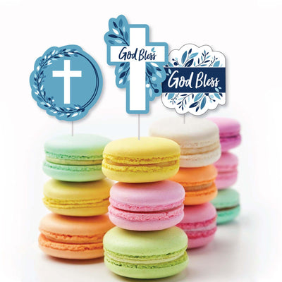 Blue Elegant Cross - Dessert Cupcake Toppers - Boy Religious Party Clear Treat Picks - Set of 24