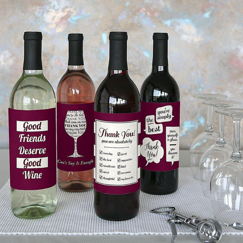 Girly Thank You - Decorations for Women and Men - Wine Bottle Labels Thank You Gift - Set of 4