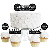 A set of clear treat picks with 'Happy Retirement' text, displayed on a white cupcake with more cupcakes decorated with the same toppers in the background.