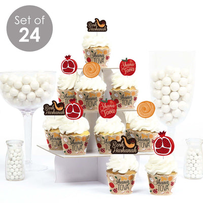 Rosh Hashanah - Cupcake Decoration - Jewish New Year Cupcake Wrappers and Treat Picks Kit - Set of 24