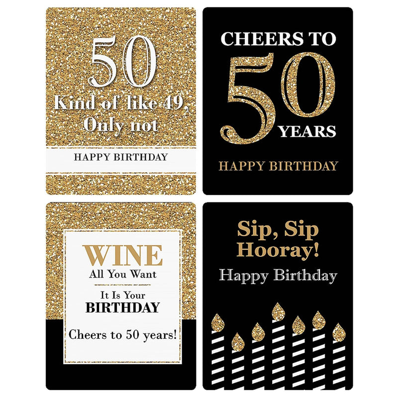Adult 50th Birthday - Gold - Decorations for Women and Men - Wine Bottle Label Birthday Party Gift - Set of 4
