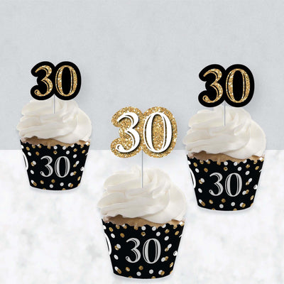 Adult 30th Birthday - Gold - Cupcake Decorations - Birthday Party Cupcake Wrappers and Treat Picks Kit - Set of 24