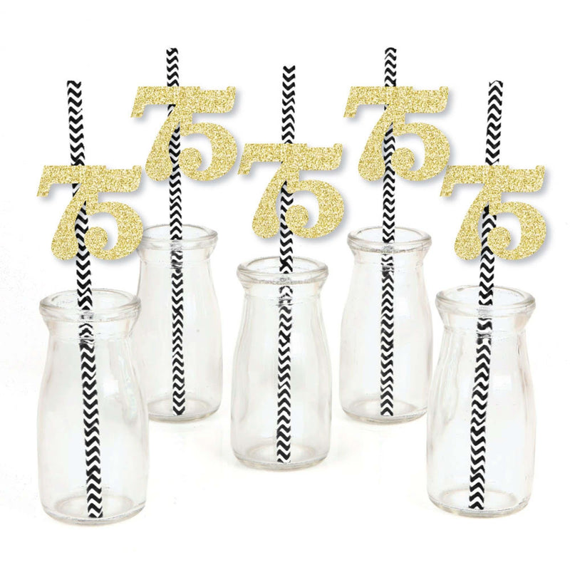 Gold Glitter 75 Party Straws - No-Mess Real Gold Glitter Cut-Out Numbers & Decorative 75th Birthday Party Paper Straws - Set of 24