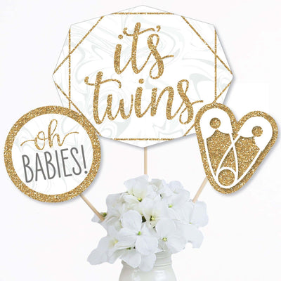 It's Twins - Gold Twins Baby Shower Centerpiece Sticks - Table Toppers - Set of 15