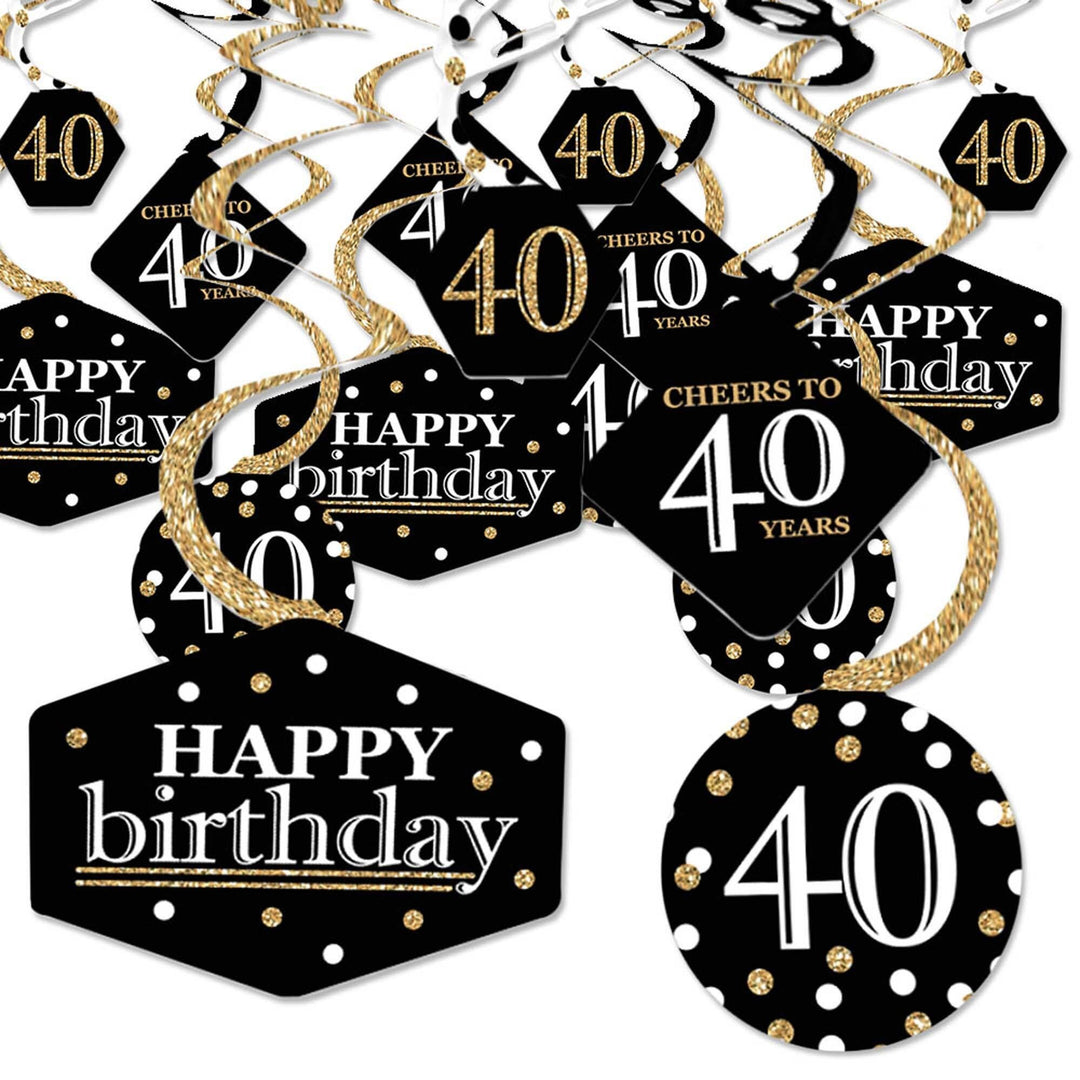 A set of black and gold birthday party decoration swirls with 'Happy Birthday' and '40' printed on them. They are designed for 40th birthday celebrations.
