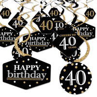 A set of black and gold birthday party decoration swirls with 'Happy Birthday' and '40' printed on them. They are designed for 40th birthday celebrations.