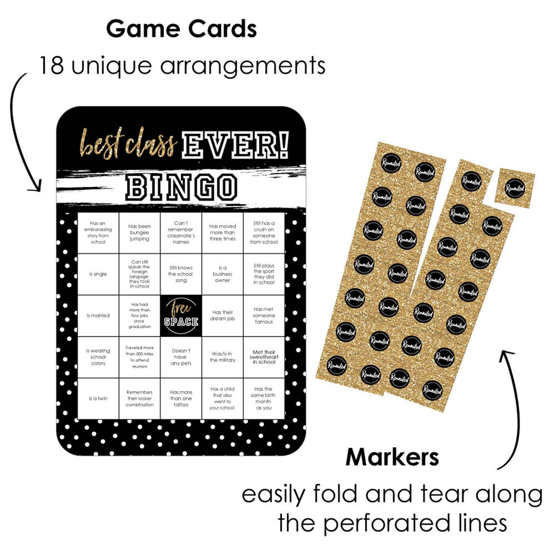 Reunited - Classmate Bingo Cards and Markers - School Class Reunion Party Bingo Game - Set of 18