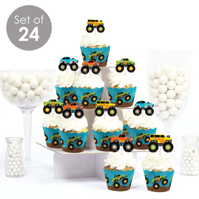 Smash and Crash - Monster Truck - Cupcake Decoration - Boy Birthday Party Cupcake Wrappers and Treat Picks Kit - Set of 24