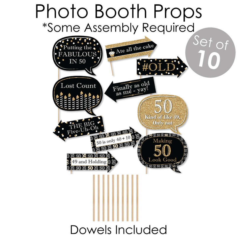 Adult 50th Birthday - Gold - Banner and Photo Booth Decorations - Birthday Party Supplies Kit - Doterrific Bundle