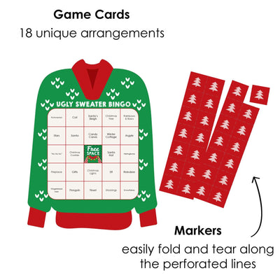 Ugly Sweater - Bar Bingo Cards and Markers - Holiday and Christmas Party Shaped Bingo Game - Set of 18