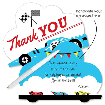 Let's Go Racing - Racecar - Shaped Thank You Cards - Race Car Birthday Party or Baby Shower Thank You Note Cards with Envelopes - Set of 12