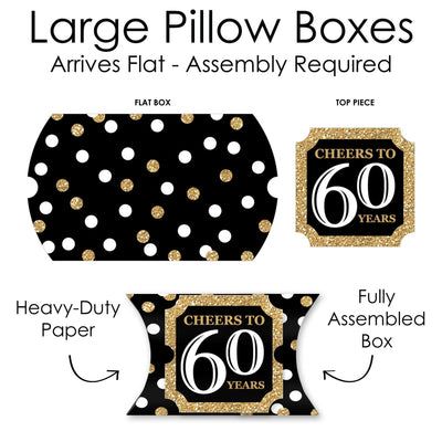 Adult 60th Birthday - Gold - Favor Gift Boxes - Birthday Party Large Pillow Boxes - Set of 12